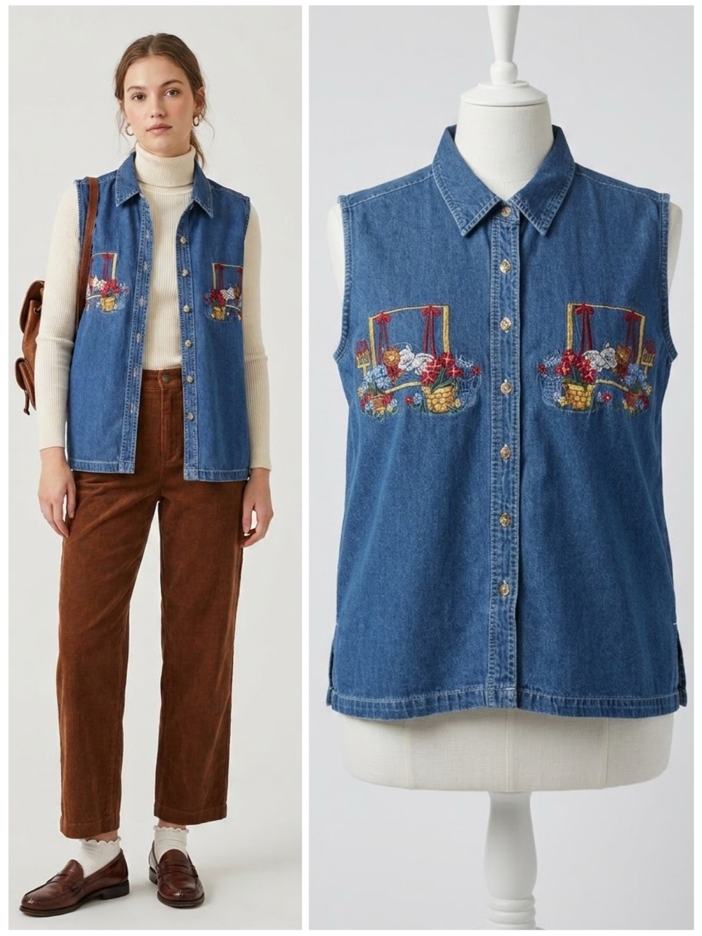Vintage Lauren Brooke Embroidered Cat Denim Vest Button Down Size Large